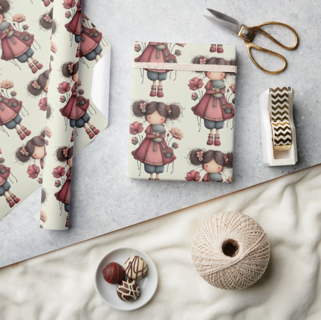 Girl with A Frog Doll Cute Whimsical Pattern Wrapping Paper (Crafts)