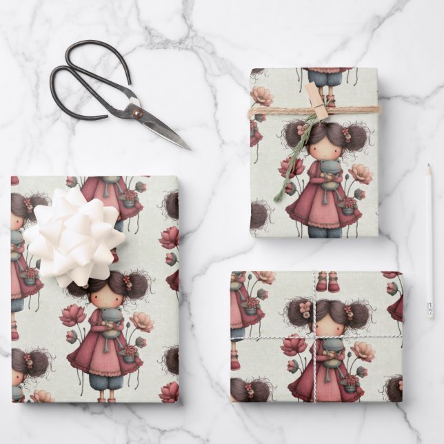 Girl with A Frog Doll Cute Whimsical Pattern Wrapping Paper Sheet (Front)
