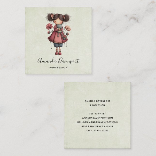 Girl with A Frog Doll Cute Whimsical Square Business Card (Front/Back)