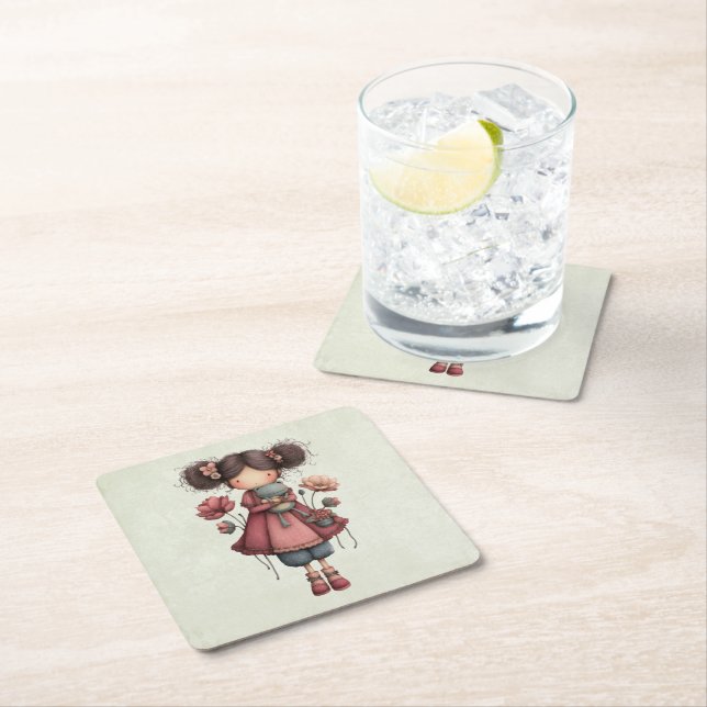 Girl with A Frog Doll Cute Whimsical Square Paper Coaster (Insitu)