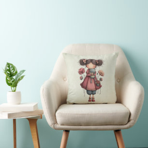 Girl with A Frog Doll Cute Whimsical Throw Pillow