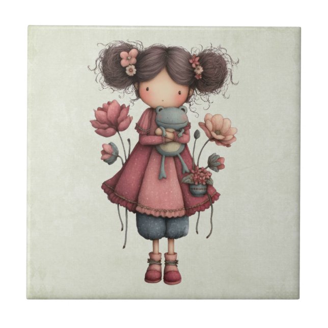 Girl with A Frog Doll Cute Whimsical Tile (Front)