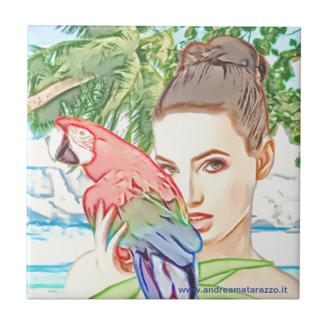 Girl with a parrot  tile (Front)