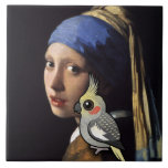 Girl with a Pearl Cockatiel Tile<br><div class="desc">A cute Birdorable Pearl mutation Cockatiel sits on the shoulder of a Girl with a Pearl Earring. The bird really cutes up Johannes Vermeer's masterpiece,  don't you think? You can customize this gift by adding your own text or images.</div>