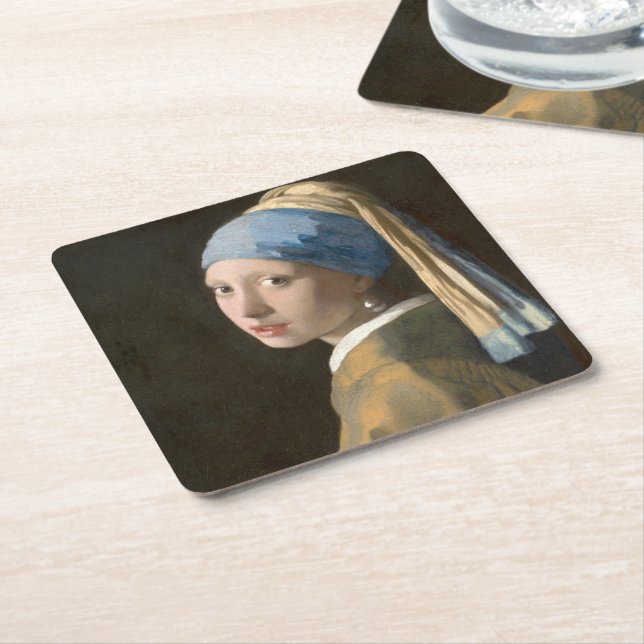 Girl with a pearl earring   square paper coaster (Angled)