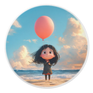 Girl with a Red Balloon at Sunset Beach Ceramic Knob