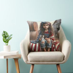 Girl With American Flag Birthday Throw Pillow