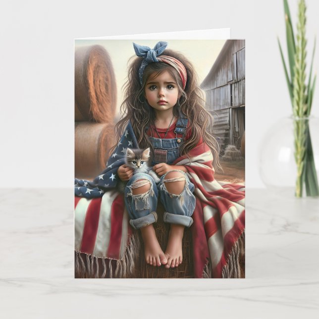 Girl With American Flag Veteran Thank You Card (Front)