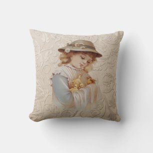 Girl with Baby Ducklings Throw Pillow
