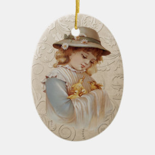 Girl with Baby Ducks Ceramic Ornament