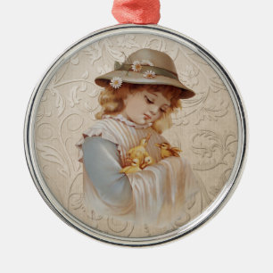 Girl with Baby Ducks Metal Ornament