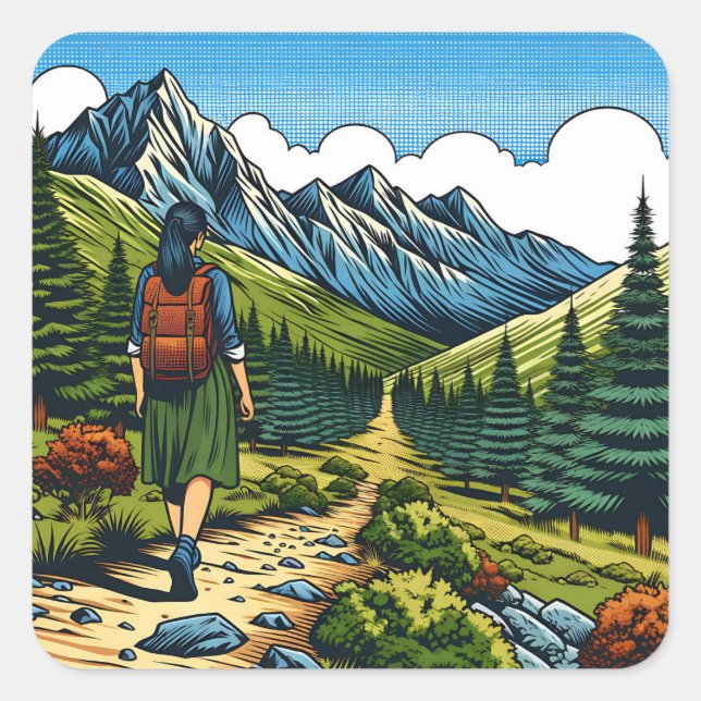 Girl with Backpack Hiking a Nature Trail Square Sticker (Front)