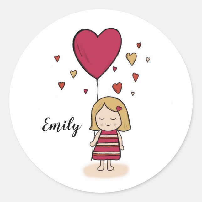 Girl with Balloon and Hearts - Red Colourful Art P Classic Round Sticker (Front)