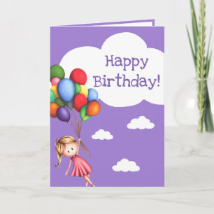 Girl with Balloons Purple Happy Birthday Card