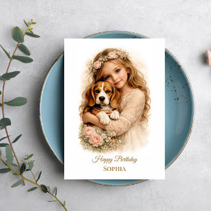 Girl with Beagle Puppy Card