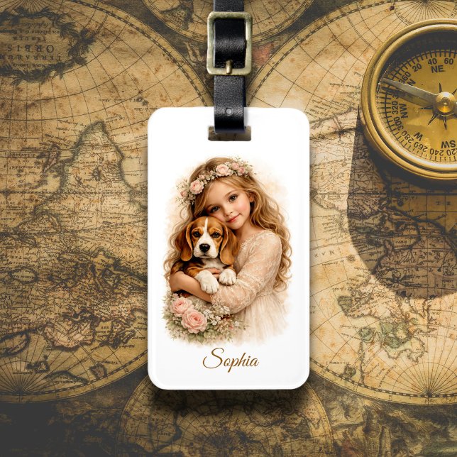 Girl with Beagle Puppy Luggage Tag (Creator Uploaded)