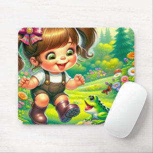 Girl With Big Eyes and Green Frog Mouse Pad