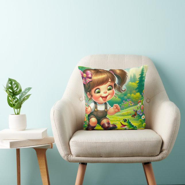 Girl With Big Eyes and Green Frog Throw Pillow (Chair)