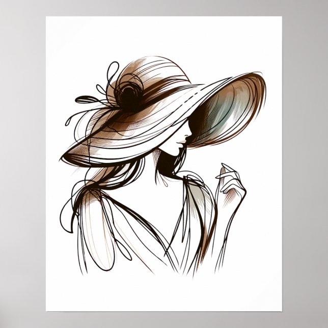 Girl With Big Hat - Minimalist Line Art  Poster (Front)