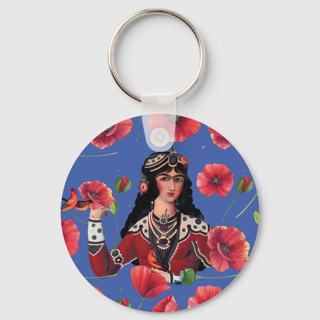 Girl with Birds & Red Flower Keychain (Front)