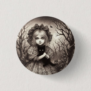 Girl with Black Kitten Spooky Retro Halloween 1 Inch Round Button