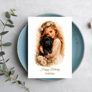 Girl With Black Labrador Puppy Card