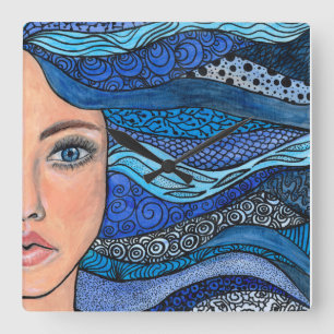 Girl with Blue Hair Acrylic Artistic Hand Paint Square Wall Clock