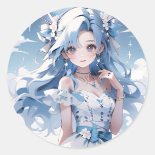 Girl With Blue Hair in a Blue Dress Classic Round Sticker