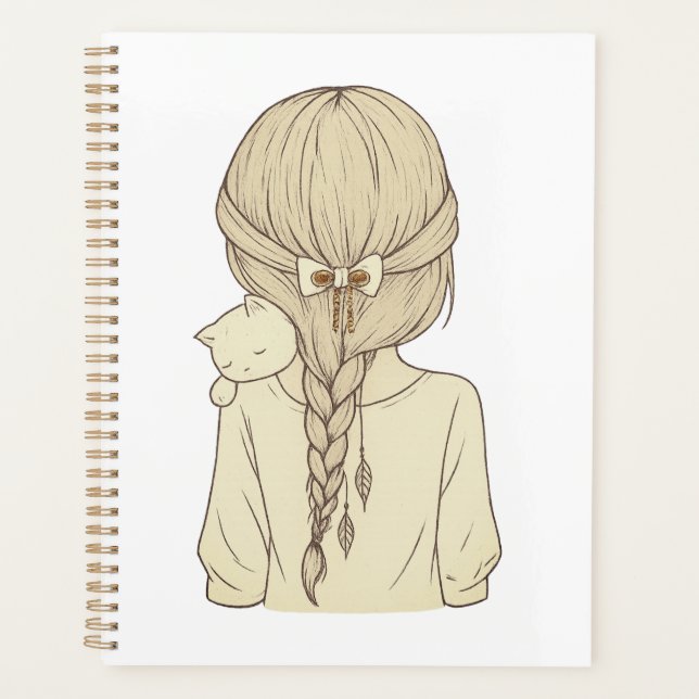 Girl with Braid and Cat Illustration – Soft Pastel (Devant)