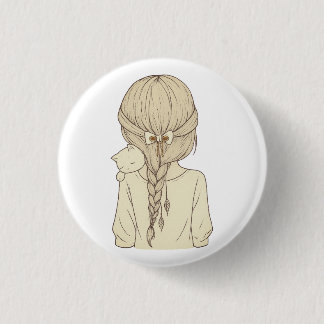 Girl with Braid and Cat Illustration – Soft Pastel 1 Inch Round Button