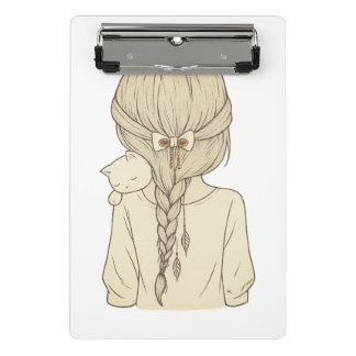 Girl with Braid and Cat Illustration – Soft Pastel Mini Clipboard