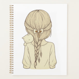 Girl with Braid and Cat Illustration – Soft Pastel Planner