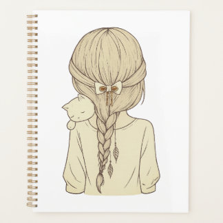 Girl with Braid and Cat Illustration – Soft Pastel Planner