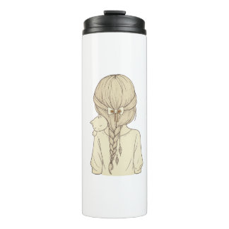 Girl with Braid and Cat Illustration – Soft Pastel Thermal Tumbler