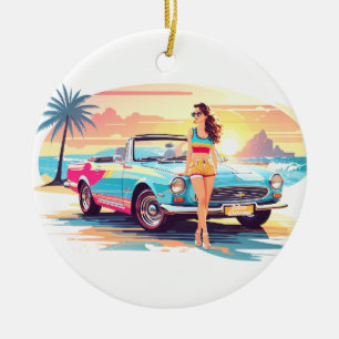 Girl with car and dream nature ceramic ornament