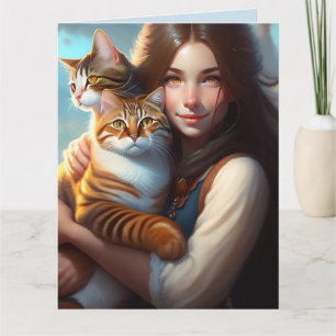 GIRL WITH CAT CATS ART BIRTHDAY greeting Cards