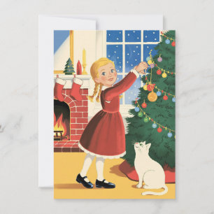 Girl with Cat Decorating Tree Vintage Christmas Holiday Card
