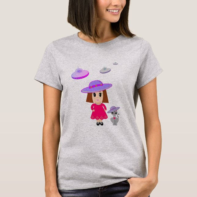 Girl with Cat & Flying Saucers T-Shirt (Front)