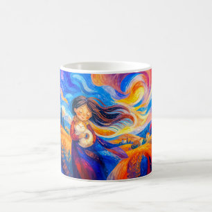 Girl with cat in flowing windy colours coffee mug