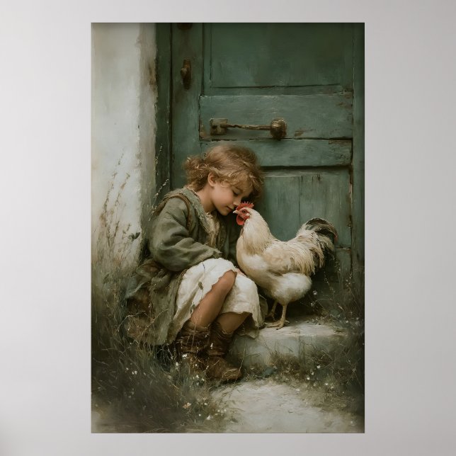 Girl With Chicken Printable, Rooster Rustic Poster (Front)