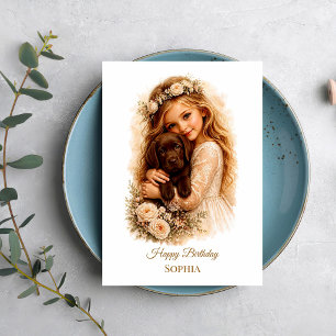 Girl With Chocolate Labrador Puppy Card