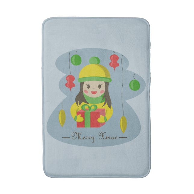 Girl with Christmas gift box  Bath Mat (Front Vertical)