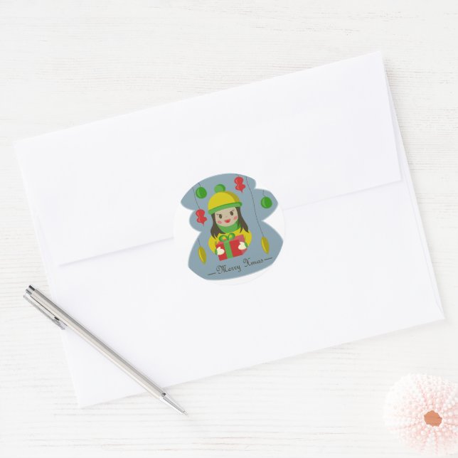 Girl with Christmas gift box  Classic Round Sticker (Envelope)