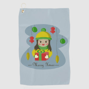 Girl with Christmas gift box  Golf Towel