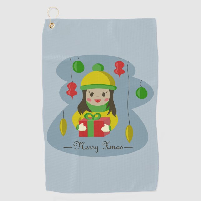 Girl with Christmas gift box  Golf Towel (Front)