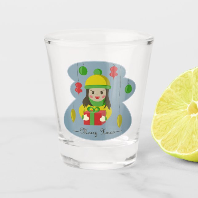 Girl with Christmas gift box  Shot Glass (Front)