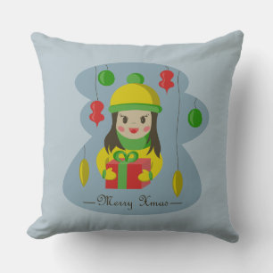 Girl with Christmas gift box Throw Pillow