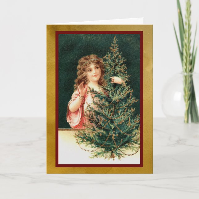 Girl with Christmas Tree Card (Front)