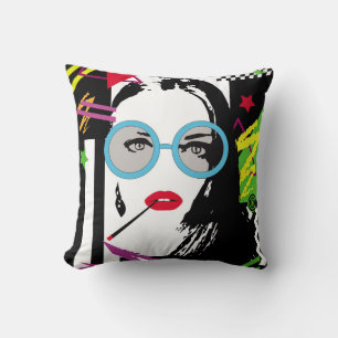 Girl with cigarette and sunglasess colorful pop ar throw pillow