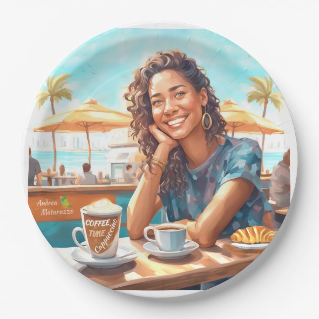 Girl with coffee break paper plate (Front)